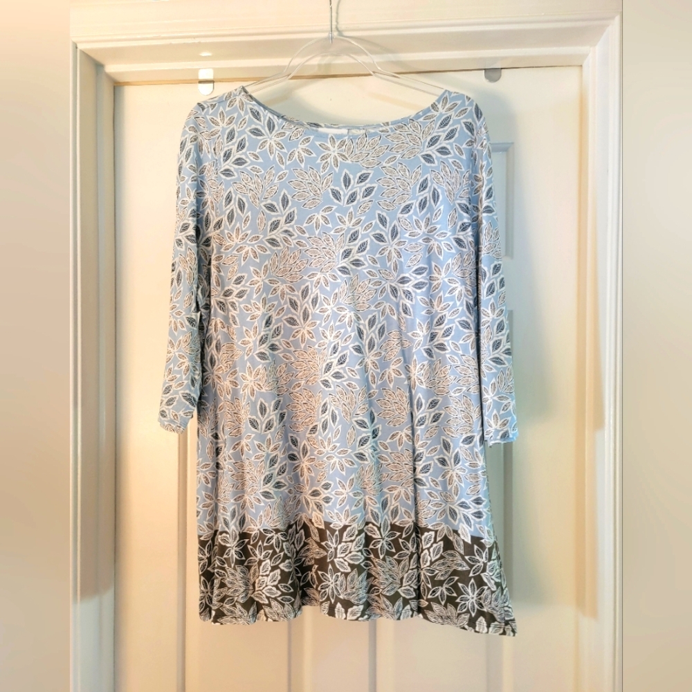EUC j.jill Light Teal/White Leaf Print Fabric, 3/4 Sleeve Tunic Top - XL